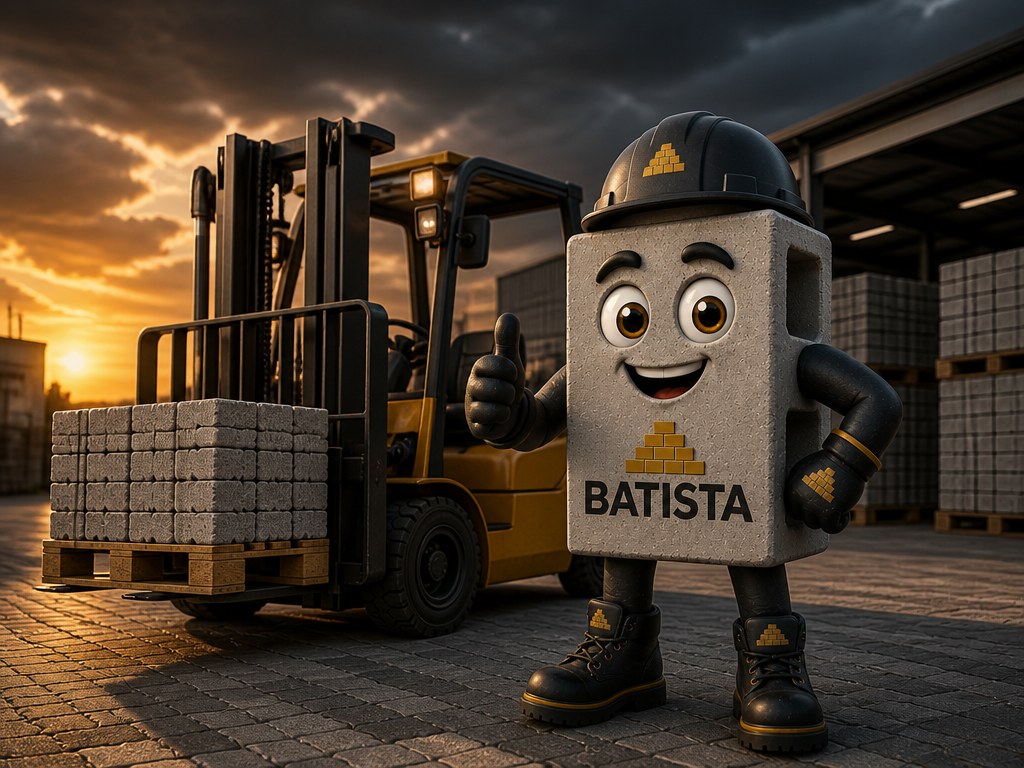 Mascote Batista com empilhadeira e pisos intertravados